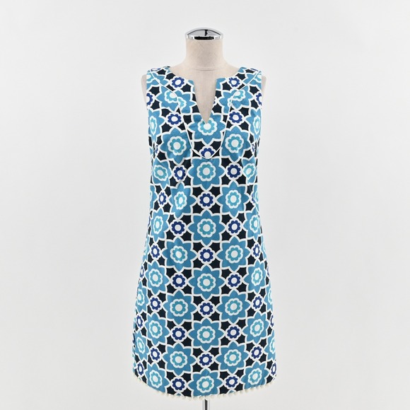 Trina Turk Dresses & Skirts - Trina Turk Moroccan Print Shift Dress Size 2 Blue Floral Sleeveless Pom Pom Trim